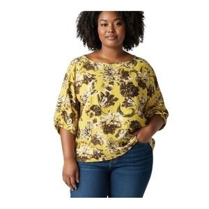 Ulla Popken Tunic Top Plus Size 24/26 Floral Print Linen Blend Yellow 3/4 Sleeve